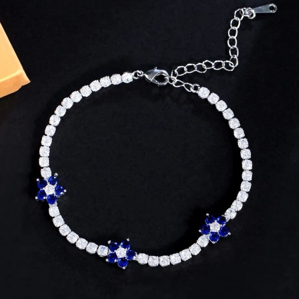 Clear Blue CZ Silver Floral Tennis Bracelet